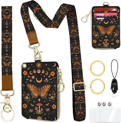 Butterfly Boho Lanyard Wallet with ID Badge Holder, Sun and Moon Mushroom Flower PU Leather Zipper Slim Card Holder for Women,Adjustable Neck Lanyard Wrist Strap with Keychain for Teacher Student