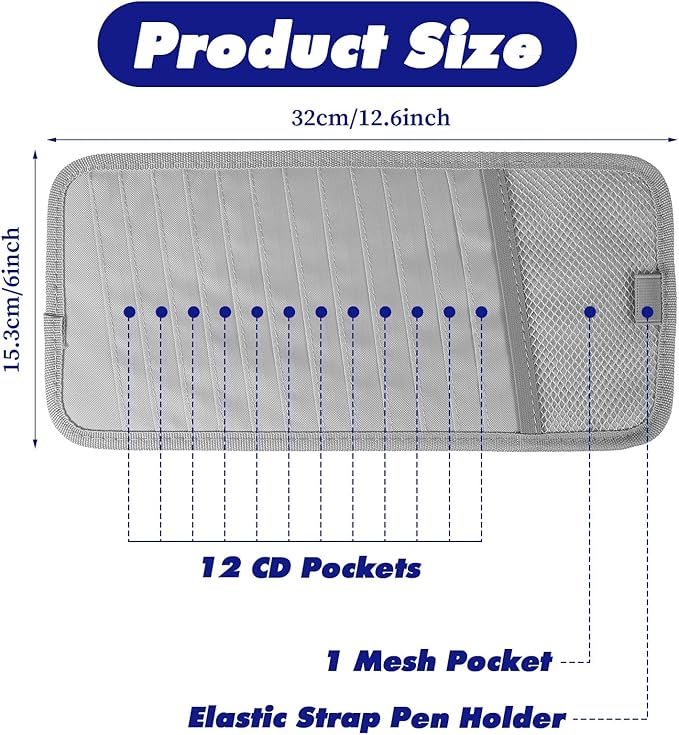 CD Visor Holder for Car, DVD Vehicle Visor Storage Organizer Gray Large Capacity CD Case with 12 Storage Sleeves, 1 Mesh Pocket, 1 Pen Loop & Elastic Strap