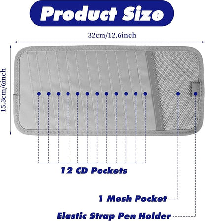 CD Visor Holder for Car, DVD Vehicle Visor Storage Organizer Gray Large Capacity CD Case with 12 Storage Sleeves, 1 Mesh Pocket, 1 Pen Loop & Elastic Strap