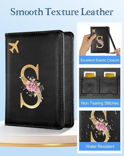 Slohif Initial Passport Holder Cover Wallet Case for Travel Women - Leather Letter Passport Book Family Multiple Personalized Organizer Card Slots Protector Sleeve Essentials Slim Carrier Black S