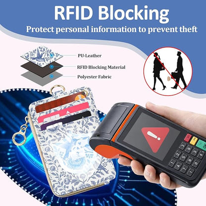 Lanyard Wallet, PU Leather Lanyards for ID Badges, RFID Blocking, ID Badge Holder with Zipper Pocket Detachable Phone Lanyard Keychain Wristlet for Office School Business-Bird