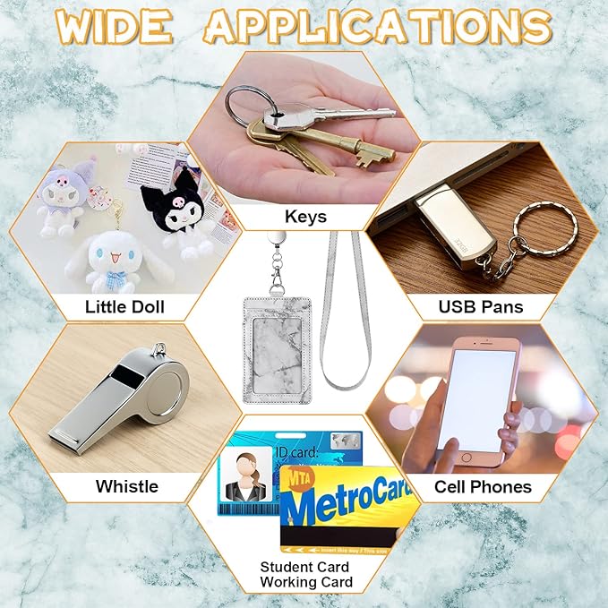 ID Badge Holder with Lanyard Marble Pattern Retractable Badge Holder PU Leather with Clear ID Window 1 Credit Card Case Name Badge Keychain Tags Protector for Women Nurse Teacher Office (Grey)