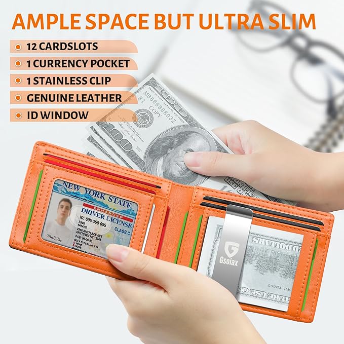GSOIAX Slim Leather RFID Bifold Wallet for Men Minimalist Front Pocket Wallet with Money Clip,12 Card Slots,ID Window,Cool Groove Design,Includes Gift Box (Carbon Orange)