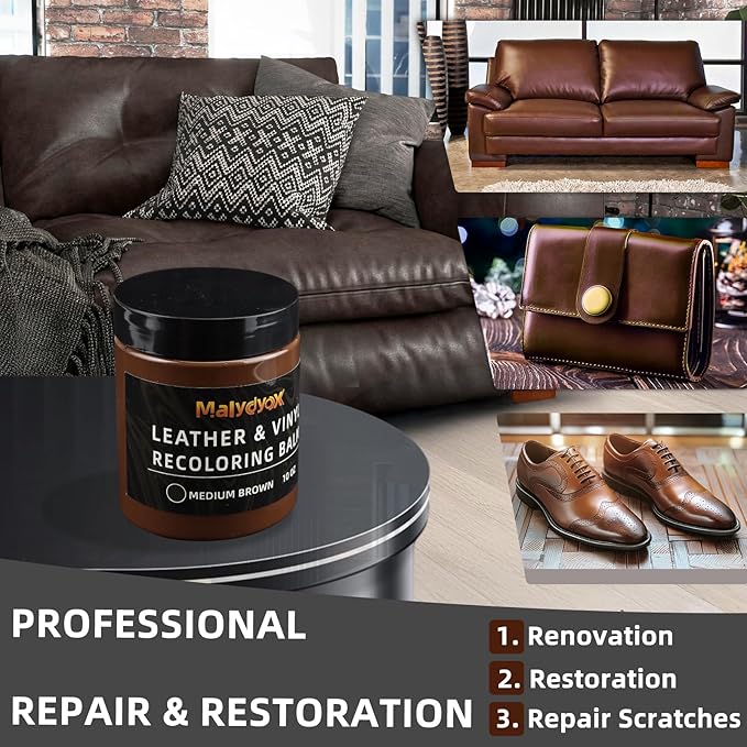 Malydyox Leather Recoloring Balm, 10 oz Leather Color Restorer Conditioner, Leather Color Repair Patch, Leather Restorer for Couches, Leather Color Repair Kits for Furniture, Sofa (Medium Brown)