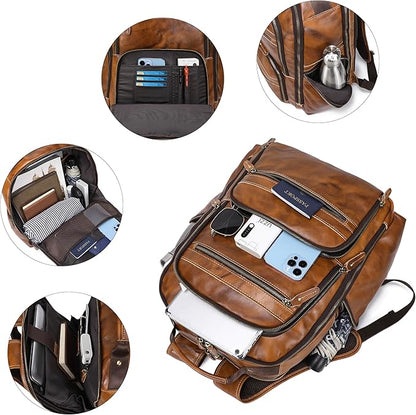 LANNSYNE Vintage Full Grain Leather Backpack For Men, 17.3'' Laptop Bag Causal Rucksack Shoulder Bag Overnight For Business/Travel/Camping
