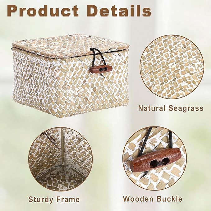 Hipiwe Handwoven Seagrass Basket Decorative Shelf Basket with Lid Mini Wicker Storage Box for Key Hair Ties, Whitewash 4.7" x 4.7" x 3"