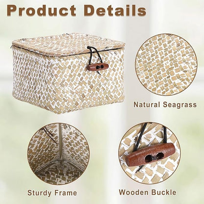 Hipiwe Handwoven Seagrass Basket Decorative Shelf Basket with Lid Mini Wicker Storage Box for Key Hair Ties, Whitewash 4.7" x 4.7" x 3"