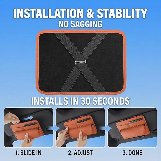 HOLDCY Car Visor Organizer – Sun Visor Storage Pouch Holder for Vehicle Truck SUV, PU Leather Auto Interior Accessories for Registration Document, Gas Card & Sunglasses, Universal Fit (Oranger)