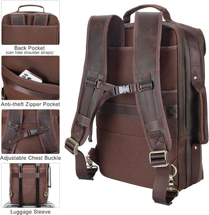 TIDING Full Grain Leather 17.3 Inch Laptop Backpack for Men, Convertible Business Briefcase Weekender Camping Bag Travel Rucksack
