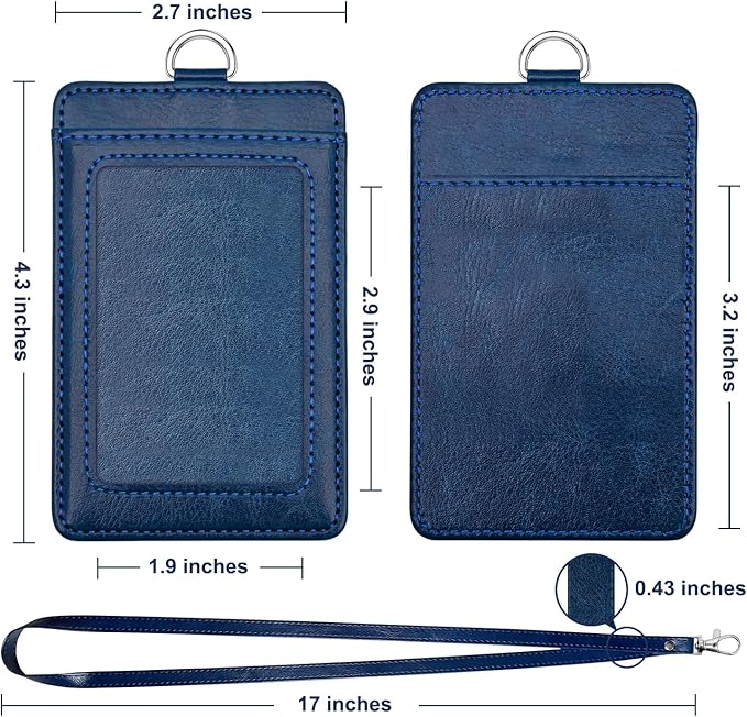 Life-Mate ID Badge Holder with 1 Clear ID Window, 1 Credit Card Slot and PU Leather Lanyard for Badge, Credit Cards, College ID Cards in Blue