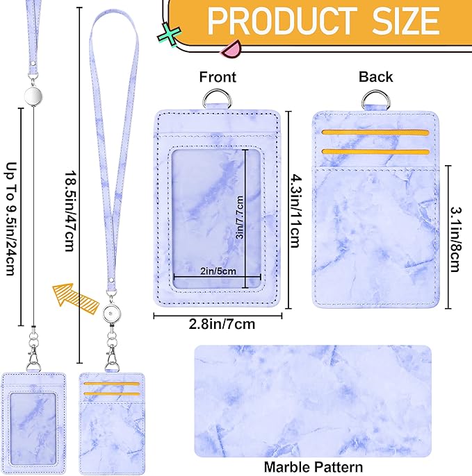 ID Badge Holder with Lanyard Marble Pattern Retractable Badge Holder PU Leather with Clear ID Window 1 Credit Card Case Name Badge Keychain Tags Protector for Women Nurse Teacher Office (Purple)
