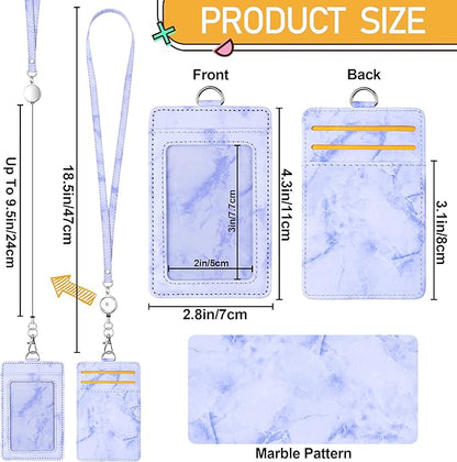 ID Badge Holder with Lanyard Marble Pattern Retractable Badge Holder PU Leather with Clear ID Window 1 Credit Card Case Name Badge Keychain Tags Protector for Women Nurse Teacher Office (Purple)