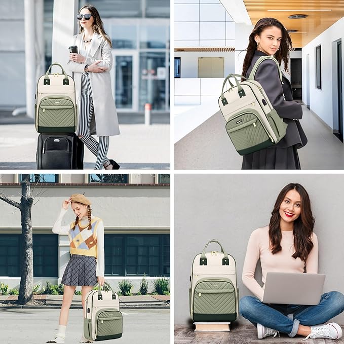 Laptop Backpack for Women Work Bag - Fits 17.3 Inch Laptop Bag Travel Work Backpack Anti-theft Bags with USB Charging Business Computer Waterproof Backpack Purse for Nurse Teacher Beige Light Green