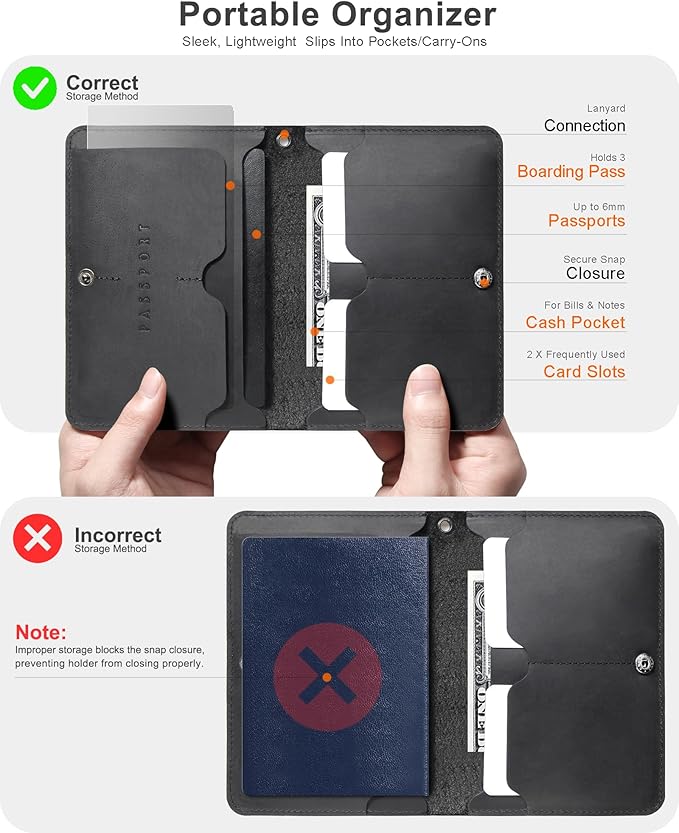 RFID Blocking Leather Passport Holder for Travel with AirTag Slot, Slim Passport Cover Travel Wallet for Women Men, Travel Must Haves Gifts (Jet Black - External AirTag Slot)