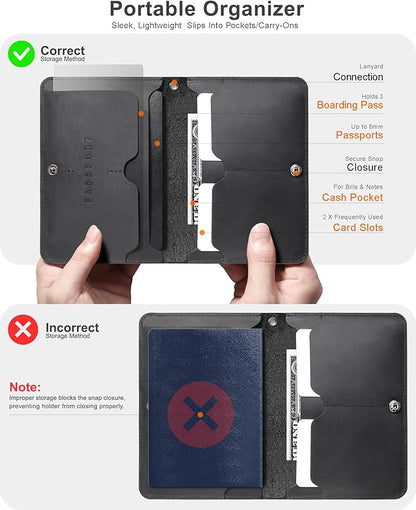 RFID Blocking Leather Passport Holder for Travel with AirTag Slot, Slim Passport Cover Travel Wallet for Women Men, Travel Must Haves Gifts (Jet Black - External AirTag Slot)
