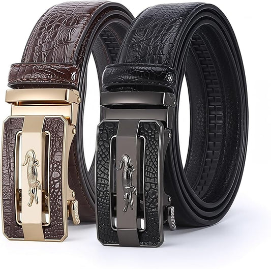 Luxury Crocodile Pattern Leather Belt with Automatic Buckle, Black and Brown, Gold and Gunmetal Buckle, Ratchet Design