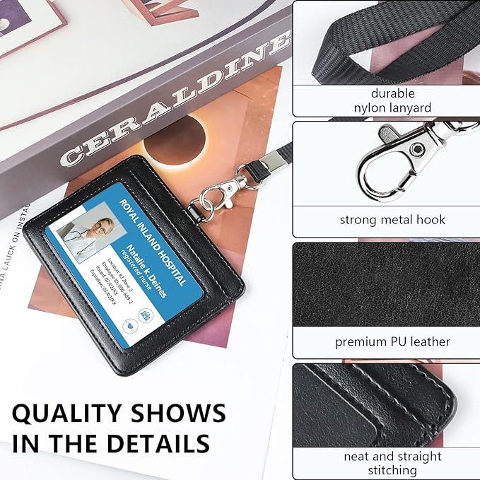 Teskyer Badge Holder with Lanyard, Leather ID Name Badge Card Holder with Lanyard for ID Badges, Horizontal Black