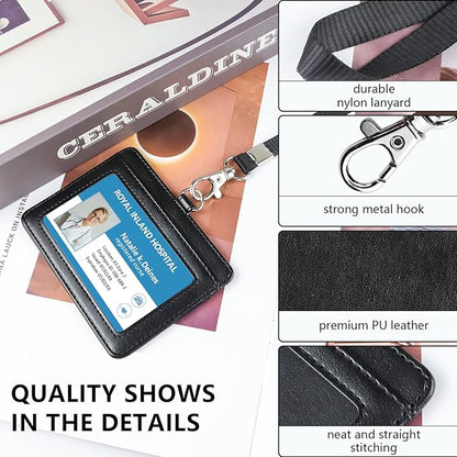 Teskyer Badge Holder with Lanyard, Leather ID Name Badge Card Holder with Lanyard for ID Badges, Horizontal Black