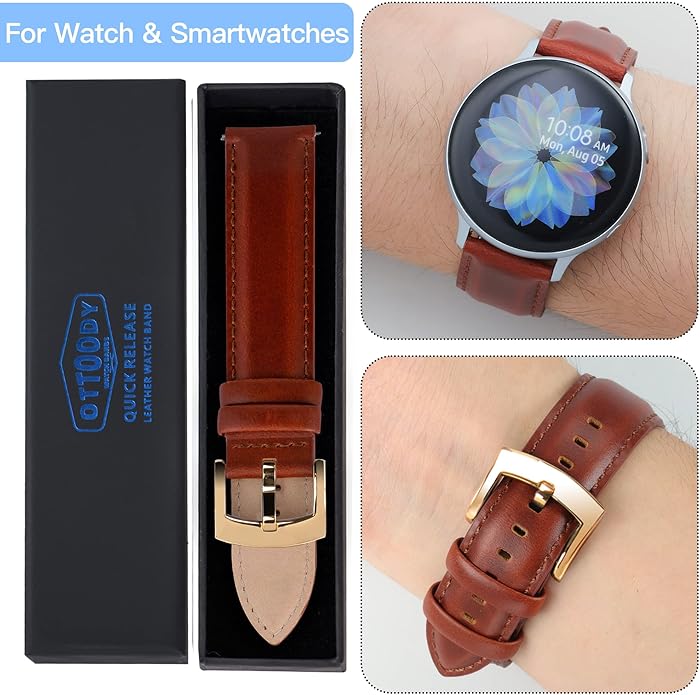 OTTOODY Leather Watch Bands Quick Release, Elegant Top Grain Leather Watch Straps for Men & Women, Choice of Color & Width - 18mm, 19mm, 20mm, 21mm or 22mm Wristbands Bracelet for Watch & Smartwatch