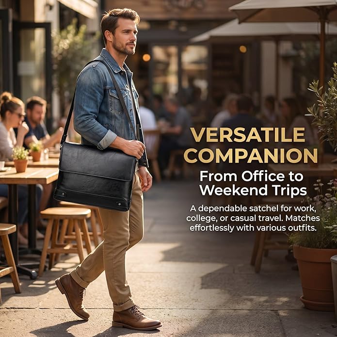 Vintage PU Leather Mens Messenger Bag - Slim Crossbody Shoulder Bag for Work, Travel & Daily Commute Casual Tablet Satchel