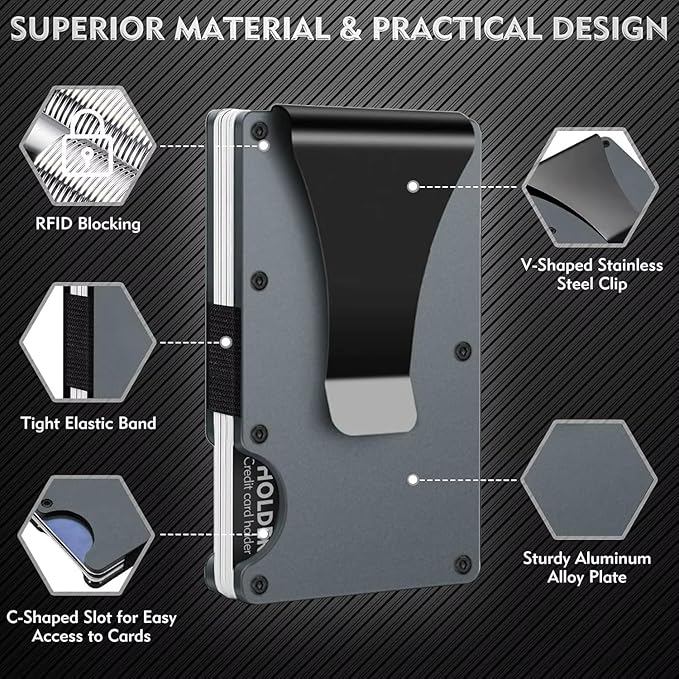 Leatherboss Wallet for Men RFID Blocking Minimalist Metal Card Holder with Money Clip Holds Credit Cards and Cash (Gray Carbon)