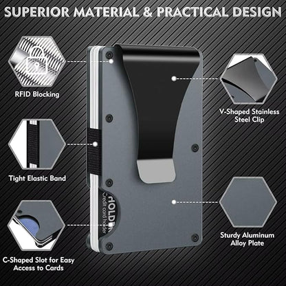 Leatherboss Wallet for Men RFID Blocking Minimalist Metal Card Holder with Money Clip Holds Credit Cards and Cash (Gray Carbon)