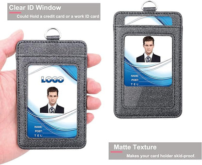 PU Leather ID Badge Holder, Life-Mate ID Badge Holder with 1 Clear ID Window 1 Credit Card Slot and PU Leather Lanyard for Badge Credit Cards College ID Cards in Glitter Black