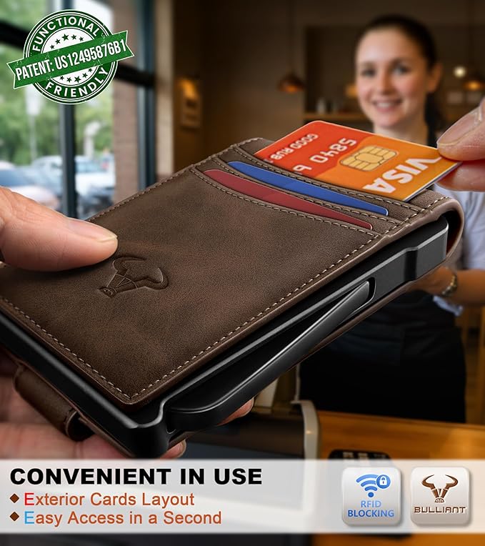 BULLIANT Men Wallet,Metal Case Money Clip with Grain Leather Flip 11 Cards-Pop-up Access Magetic Closure