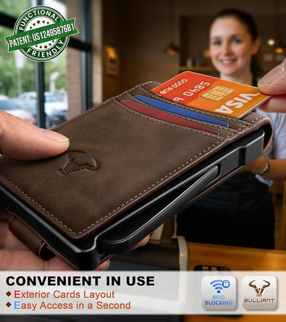 BULLIANT Men Wallet,Metal Case Money Clip with Grain Leather Flip 11 Cards-Pop-up Access Magetic Closure