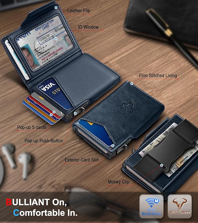 BULLIANT Men Wallet Gift Boxed,Slim Front Pocket Wallet Money Clip Card Holder 3.8"x2.7",Pop-up Access