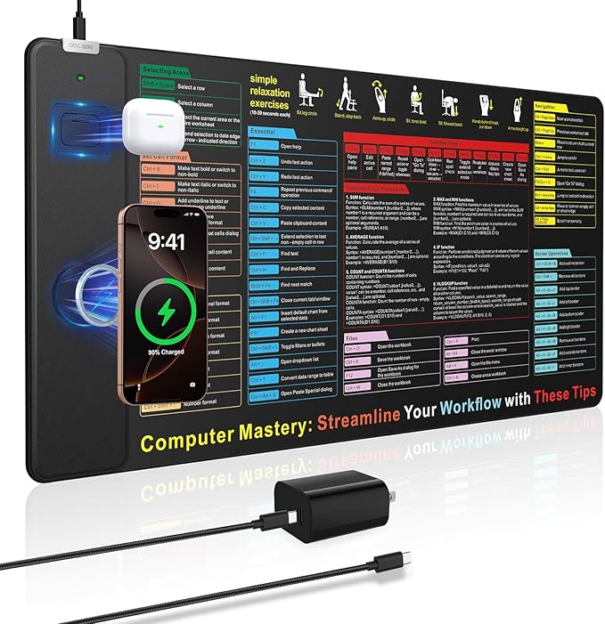 Excel Cheat Sheet Mouse Pad with Wireless Charging, 31.5"x15.8" Extended Excel Shortcuts Desk Pad, Waterproof Ultra-Smooth Keyboard Mat, Non-Slip Base, with 20W PD Adapter