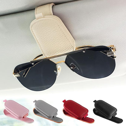 SINGARO Sunglasses Holder for Car, Leather Magnetic Buckle Sun Visor Sunglass Clip, Ticket Card Storage Glasses Clip, Car Interior Accessories for Men and Women（Beige）