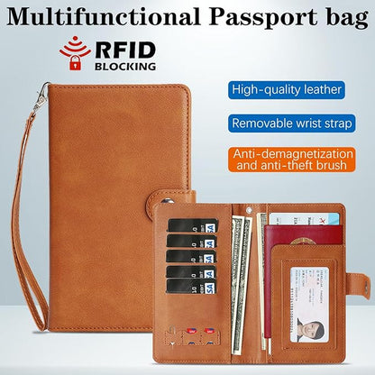 Passport Holder for Travel Essentials, RFID Blocking PU Leather Wallet Cover with Wristlet Strap Magnetic Closure Passport Book Holders Case for Women and Men, Brown