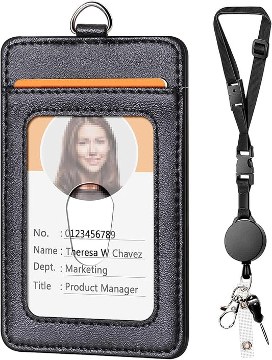 Leather Badge Holder and Adjustable Retractable Lanyards, Quick Release Buckle and Safety Breakaway Lanyards with Swivel Metal Clasp for Offices, Staff, Students, Employees