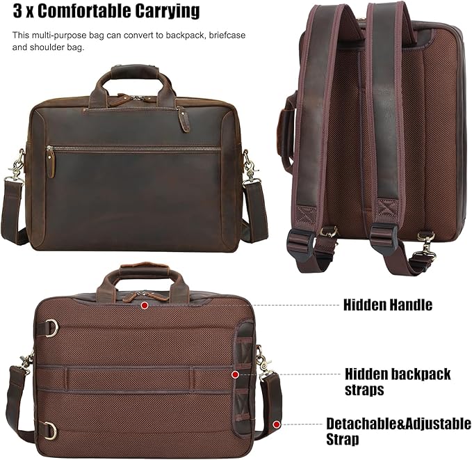 TIDING Leather Convertible Briefcase Backpack for Men, Large 15.6 Inch Laptop Messenger Bag Work Business Travel Crossbody Shoulder Bag