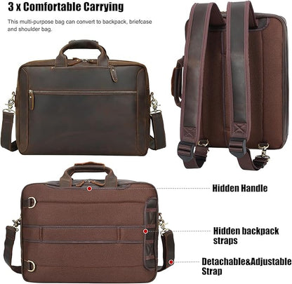 TIDING Leather Convertible Briefcase Backpack for Men, Large 15.6 Inch Laptop Messenger Bag Work Business Travel Crossbody Shoulder Bag