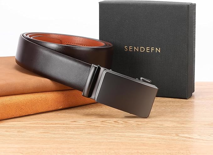 SENDEFN Men's Leather Belt - Automatic Ratchet Slide Buckle, Easy Trim-to-Fit Function, Packaged with Gift Box