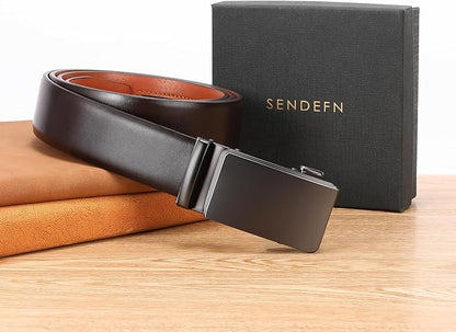 SENDEFN Men's Leather Belt - Automatic Ratchet Slide Buckle, Easy Trim-to-Fit Function, Packaged with Gift Box