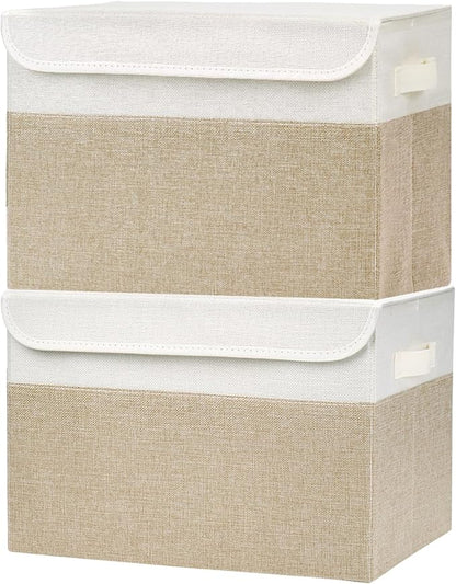 Bagnizer Large 42 Quarts Fabric Storage Bins with Lids [2-Pack] Linen Collapsible Foldable Baskets, Closet Organizer Containers boxes with Handles for Home Office (16.7 x 12 x 12, Beige & White)