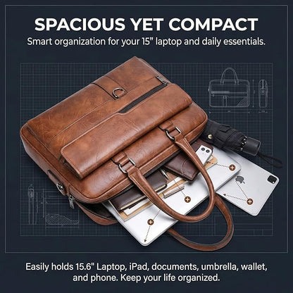 Men's Leather Laptop Bag 15 IN, Water-Resistant Briefcase Messenger Bag for Work, Business, Shoulder Crossbody Office Satchel