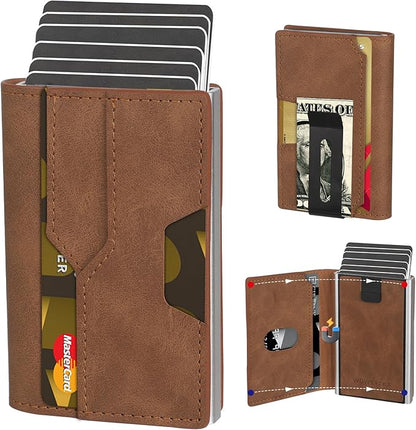 Mens slim Wallet，with RFID Shielding, Holds 9 Cards Easily, card wallet for Men, Minimalist Wallet For Men, Made of aluminum and Pu Synthetic Leather, Includes Cash clip (Brown)