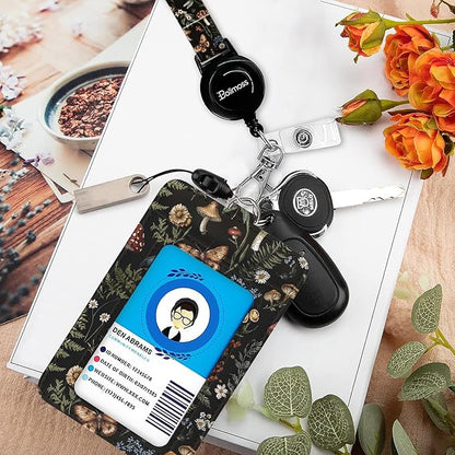 bolimoss Mushroom Lanyards for Id Badges, Cute Badge Holder with Retractable Reel Clip, Leather Work Name Tag Breakaway Lanyard Vertical ID Card Protector Case for Women Nurse Doctor Teacher Student
