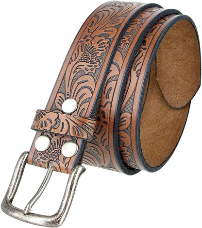Western Floral Engraved Embossed Tooled Genuine Leather Belt Strap or Belt 1-1/2"(38mm) Wide, Multi-Style Options