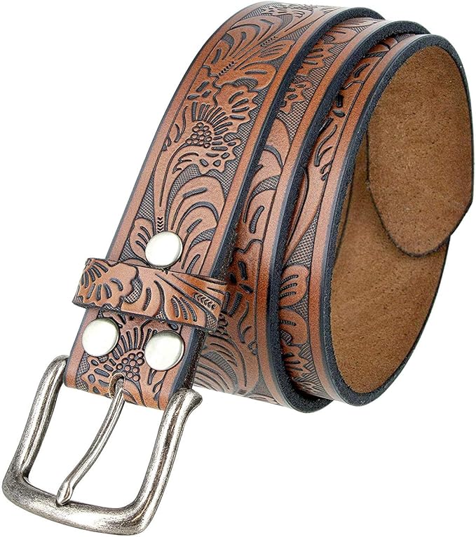 Western Floral Engraved Embossed Tooled Genuine Leather Belt Strap or Belt 1-1/2"(38mm) Wide, Multi-Style Options