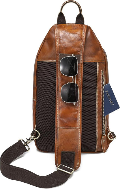 LANNSYNE Full Grain Leather Casual Sling Bag For Men Hiking/Travel/Business Crossbody Chest Bag Fits 12.9" iPad