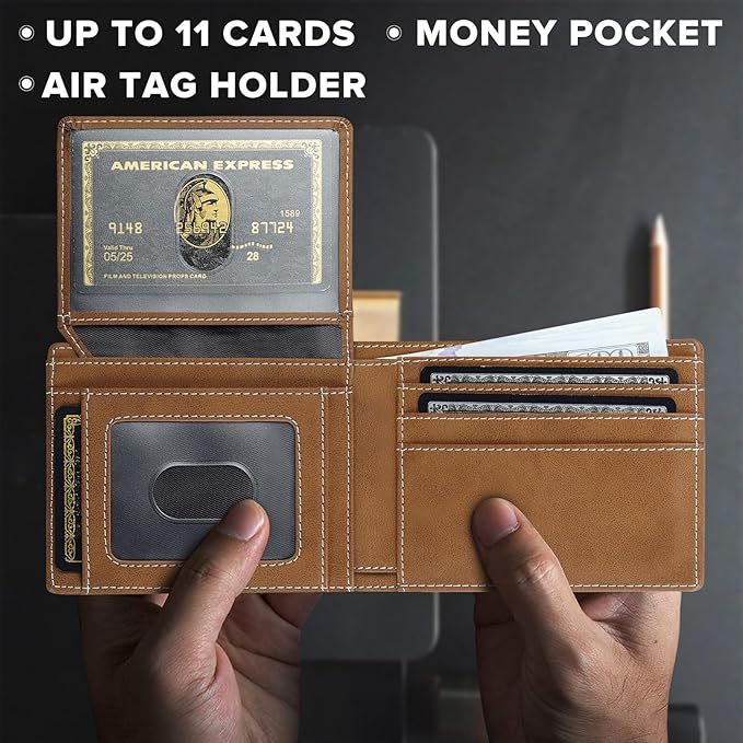 furid Air Tag Wallet Men Slim: Minimalist 2 ID Window RFID Leather Wallets with Airtag Holder - Gifts for Husband Father at Birthday Anniversary