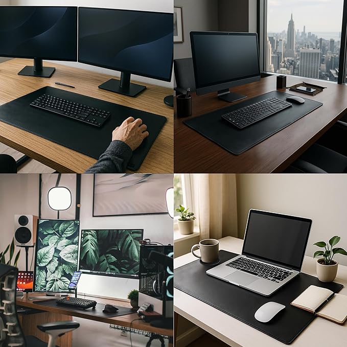 Leather Desk Mat Desk Pad - Full Grain (32x16) Leather Desk Cover Blotter & Protector - Large Computer Keyboard Gaming Table Mat - Desktop Accessories Mouse Pad for Laptop, Office & Home (Black)