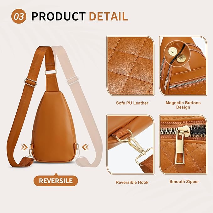 Crossbody Bags for Women Men,Leather Sling Bag Cross Body Backpack for Women, Casual Chest Bag Daypack for Travel Hiking, Brown