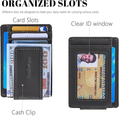 Toughergun Slim Wallet for Men RFID Blocking Money Clip, Minimalist Front Pocket Credit Card Holder, Magnetic Thin Mens Wallets with ID Window