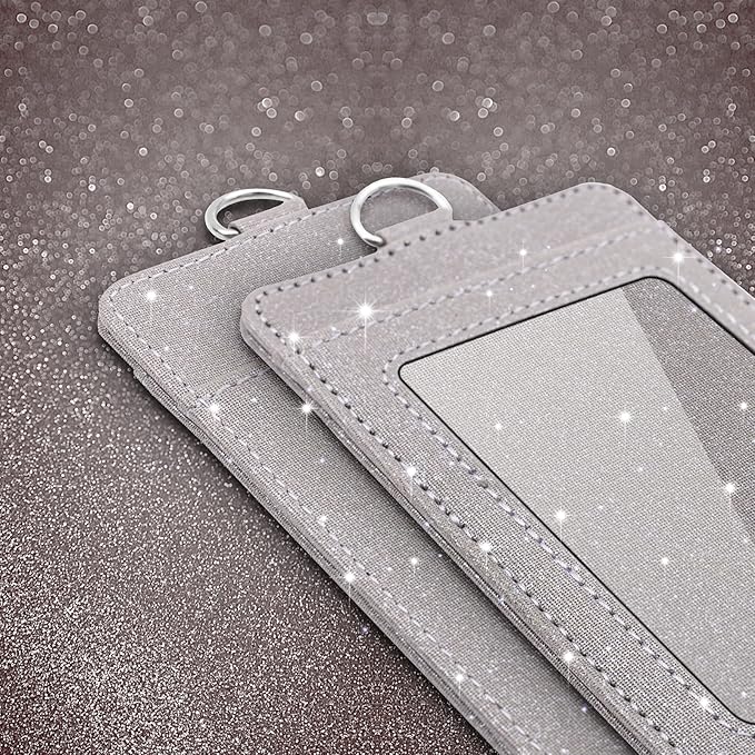 Life-Mate ID Badge Holder with 1 Clear ID Window, 1 Credit Card Slot and PU Leather Lanyard for Badge, Credit Cards, College ID Cards in Glitter Gray